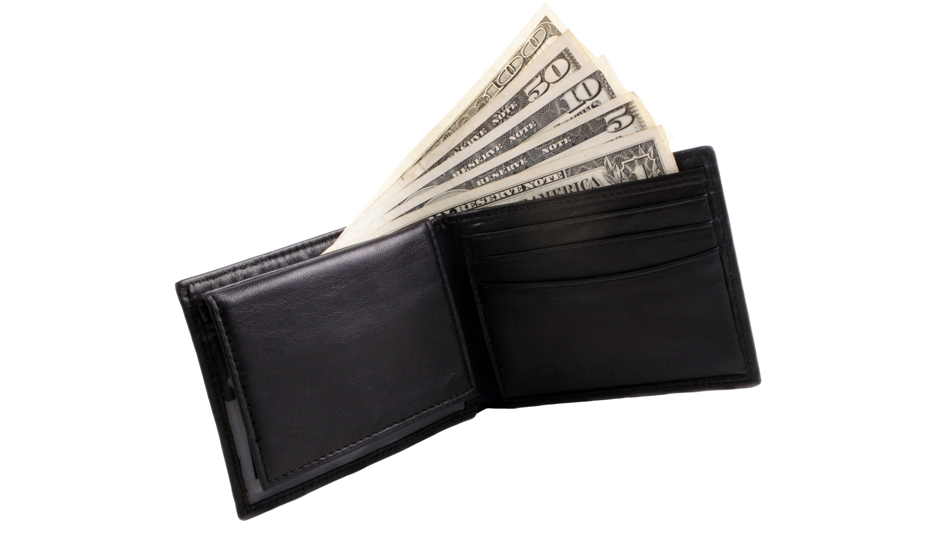 Black wallet is open with 5 bills sprouting from it ($100, $50, $10, $5, $1)