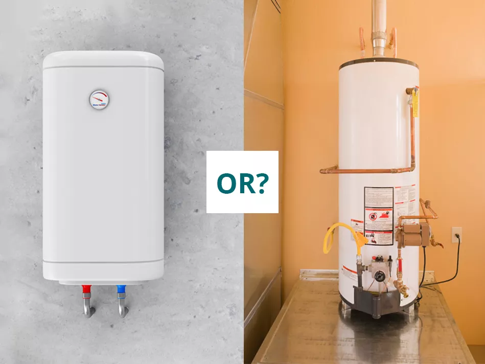 Tankless water heater next to a water heater with a tank; between them sits the word "OR" in green text with a white background