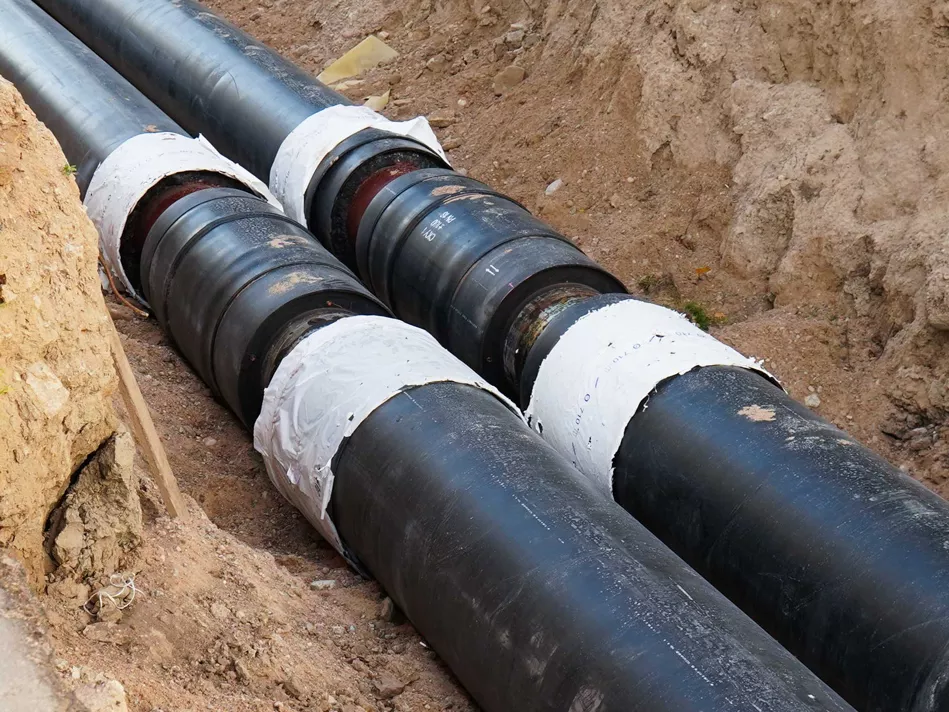 Two sewer line pipes are exposed in an excavated patch of ground
